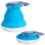 PRO OUTDOOR Collapsible Kettle - 1.5L Food Grade Silicone Teapot with Lid Lock - Hot Water, Coffee, Tea - Portable Travel, Camping, Hiking - Heat-Resistant up to 250°C, Stainless Steel Base, Blue