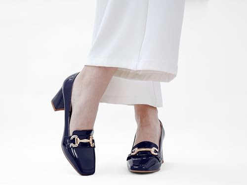 Image of Womens Mid Block Chunky Heeled Loafers Closed Square Toe Patent Leather Comfortable Slip On Pumps Metal Chain Basic Classic Casual Work Office Dress Shoes 2.8 Inches Heels