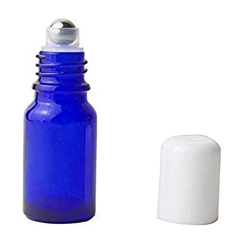 3PCS Empty Blue Glass Roll-on Bottles with Stainless Steel Roller Balls and White Cap for Essential Oil Perfumes Lip Balms Attar Container (30ml/ 1oz)