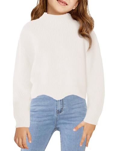 Image of Haloumoning Girls Mock Neck Sweaters Kids Fall Fashion Long Batwing Sleeve Rib Knit Pullover Clothes 5-14 Years White