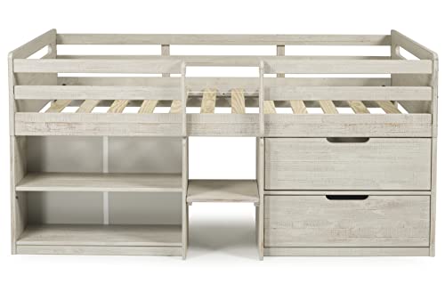 Donco Kids Twin Low Loft Bed with Bookcase and Storage Chest, Twin, Rustic Light Grey