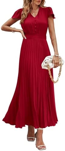PRETTYGARDEN Women's Maxi Dresses 2025 Summer Trendy Cap Short Sleeve Button V Neck Casual Flowy Pleated Long Dress