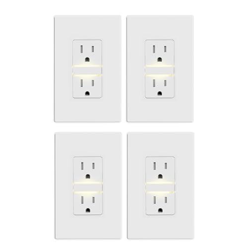 Image of ELEGRP Decorative Outlet Night Light, Electrical Wall Outlets with Built in Led Guidelight 3000K, Tamper Resistant Receptacle, 15 Amp 125 Volt, Plate Cover Included, Matte White, 4 Pack