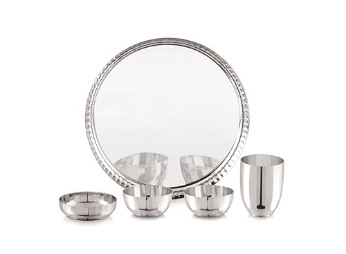 Image of TOSAA Stainless Steel Dinner Set Deluxe Classic Shape- 5 PCS Set Stainless Steel Dinner Set |Includes Plate, Curry Bowls, Side Plate, Glass & Spoon | Silver