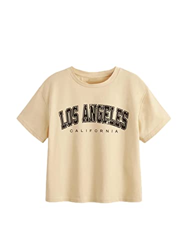 Wdirara Girl's Letter Graphic Print Round Neck Short Sleeve Drop Shoulder Tee T Shirts Apricot 10Y #TOP4