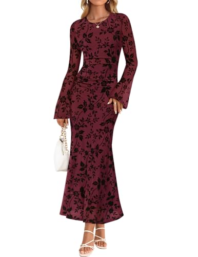 ZESICA Women's Long Sleeve Floral Bodycon Dress 2026 Spring Fall