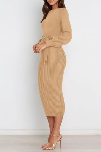 Image of HAEOF Womens 2026 Fall Midi Sweater Dress Winter Puff Long Sleeve Bodycon Ribbed Knit Trendy Business Casual Work Dresses