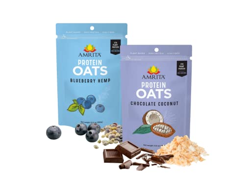 Amrita Blueberry Hemp (14 Oz) + Chocolate Coconut (14 Oz) Overnight Protein Oats | High Fiber, Low Sugar Oatmeal, Breakfast Cereal, Protein Shakes, Healthy Snacks | Old Fashioned Rolled Oats | Vegan, #TOP7