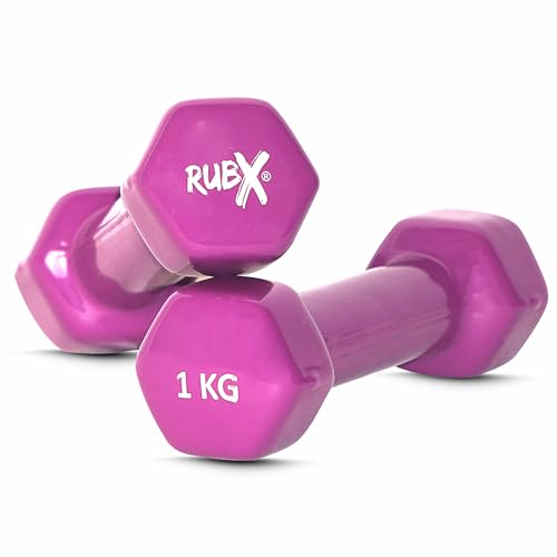 Image of RUBX Premium Unisex (Set for Men & Women) Vinyl Dumbbells Set of 2 |Ideal Home & Gym Workout | Fitness Gym Equipment for Strength Training, Bodybuilding, & Aerobics (1+1=2kg (PURPLE), 1 KGS Each)