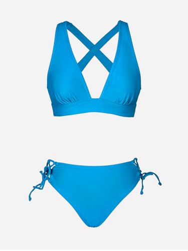 CUPSHE Bikini Set for Women V Neck Triangle Top Wide Straps Cross Back Lace up Mid Rise Two Piece Swimsuit Bathing Suit Deep Sky Blue M - Image 4