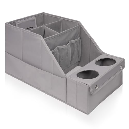 Image of MULISOFT Car Backseat Organizer with 11 Pockets & 2 Cup Holders, Pure Gray | Made from durable Oxford fabric with a waterproof surface, anti-slip buckles, and a foldable design for easy storage.