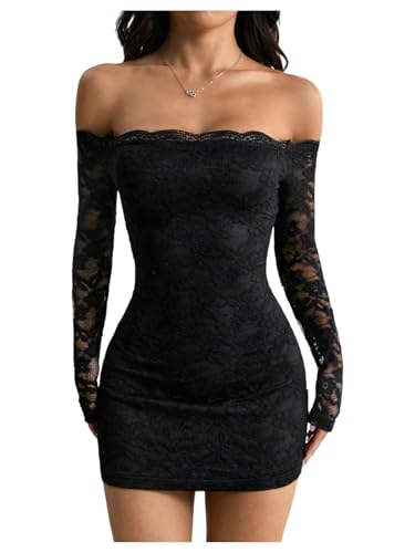GORGLITTER Women's Lace Long Sleeves Mini Dress Y2K Fall Sexy Off The Shoulder Bodycon Night Out Birthday Party Dresses Black X-Small