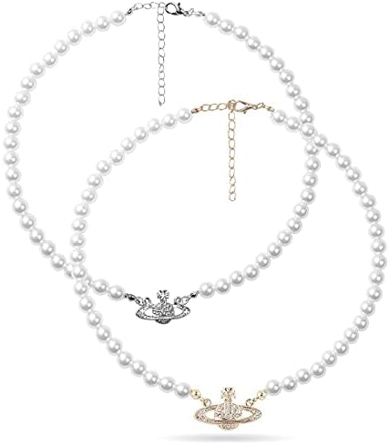 2PCS Saturn Artificial Rhinestone Pearl Necklace Set White Crystal Jewelry Lady Charm Lady Girlfriend Wedding Birthday Anniversary