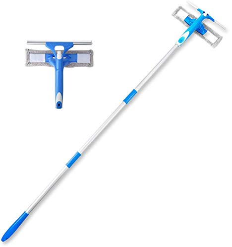 AMZQ Professional 3 in 1 Windows Squeegee with Scrubber, 3 Sections Extension Pole (Total Length: 59 inch) All Purpose Outside Windows Cleaner with Spray Head for High Windows, Shower and Car Glass