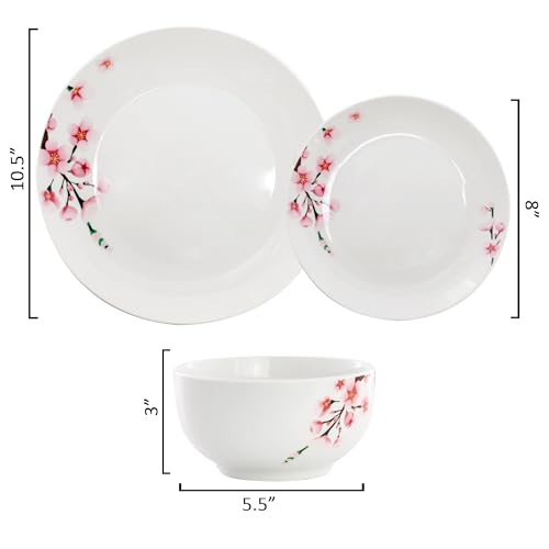 Elama Tamara 12 Piece Cherry Blossom Porcelain Dinnerware Set, Service for 4 in White and Pink