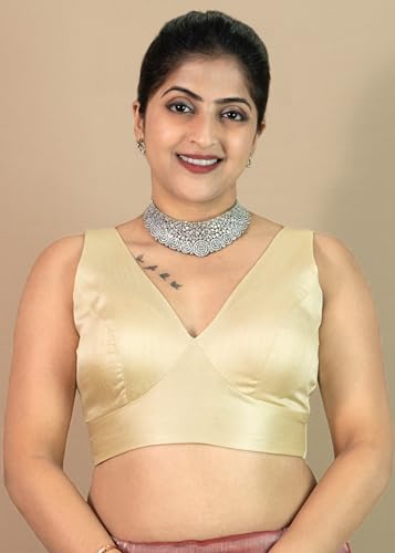 Image of FIGURE'S DESIGNER Women's Dupion Raw Silk Sleeveless V Neck Sabyasachi Cut Readymade Saree Blouse Padded Stitched S4