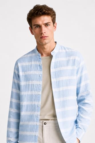 Image of Men Striped Casual Shirt | Full Sleeve Mandarin Collar Shirt for Men | Lightweight Relaxed Fit Stylish Shirts | Comfortable Everyday Wear for Mens