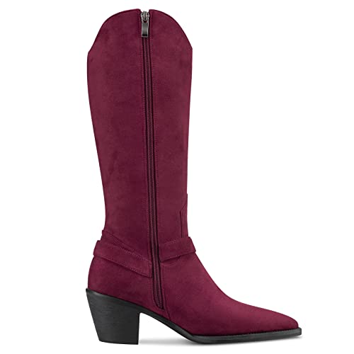 Aachcol Women Western Cowboy Cowgirl Boots Mid Calf Pull-Up Pointed Toe Chunky Block Mid Heel Dress Shoes Suede Zipper 2.5 Inch3