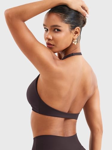 Image of YEOREO Halter Sports Bras for Women Low Impact Removable Padded Adjustable Deep V Bra Seamless Workout Gym Crop Tops