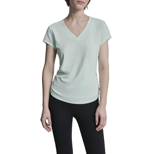 Image of DKNY Women's Short Sleeve V-Neck Tech Ruched Side Seam Active T-Shirt