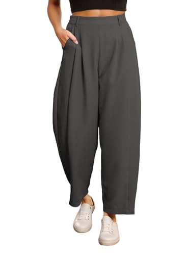 EVALESS Womens Wide Leg Barrel Pants High Waisted Business Work Casual Trousers 2026 Trendy Ladies Elastic Waist Baggy Slacks with Pockets Dark Grey Large