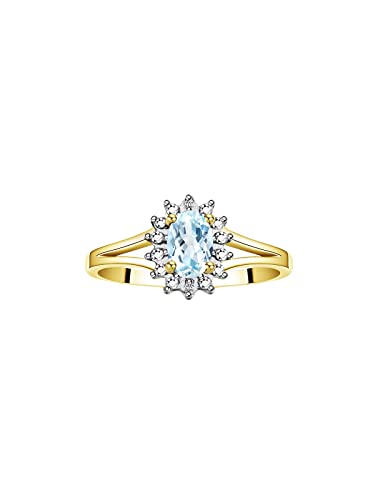Image of Rylos Halo Ring: Diamond Birthstone with 6X4MM Oval Gemstone - Women's Jewelry in Yellow Gold Plated Silver - Stunning Diamond Ring Sizes 5-10