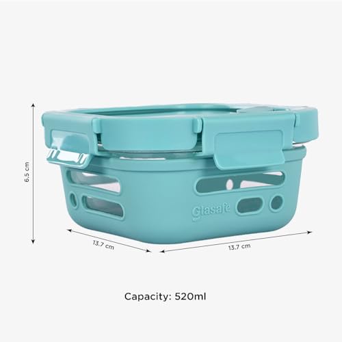Image of GLASAFE Borosilicate Glass Lunch Box for Office w /t Air-Tight lid & Protective Silicone Sleeve | Tiffin Box for Men & Woman | Microwave & Dishwasher Safe | Leakproof Design | Set of 1-520ml,Green