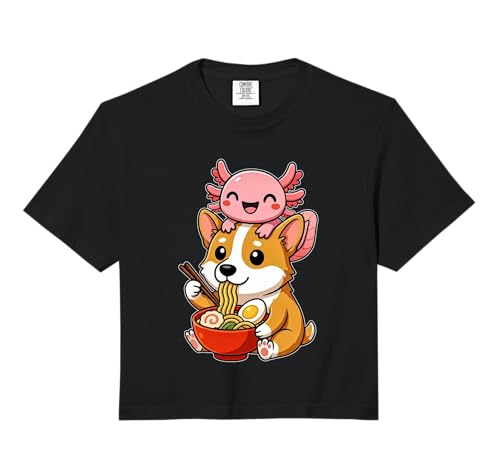 Funny Cute Axolotl and Corgi Dog Eating Ramen Anime Noodle Comfort Colors Crop Top