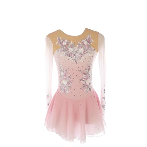 Vestido de patinação artística, flores de strass bordadas rosa gradiente, fantasia de competição de