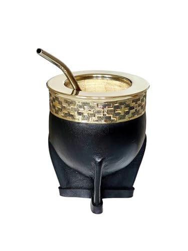 Taza Mate Imperial Calabaza Argentina   Hecho de Interior Calabaza Natural   Exterior Cuero Negro con Plata Alemana (Alpaca)  Incluye Bombilla de Acero Inoxidable