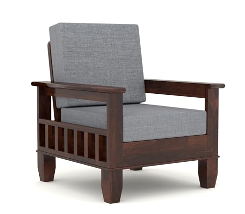 Image of NATRAJ ART & CRAFT Sheesham Wooden 1 Seater Sofa for Living Room | Rosewood 1 Seater Cushion Sofa with Side Newspaper Holder for Home & Office (Walnut, 1 Seater)