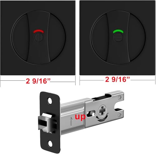 Image of goldenwarm Matte Black Pocket Door Locks for Bathroom with Indicators, Square Pocket Door Hardware for Pocket Door, Gold Sliding Pocket Door Handles 2-3 /8 inch Latch 1 Pack