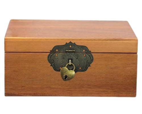 Image of Wooden Box Hasp Latch and Heart shape Padlock with Key for Jewelry Trinket Box, Bronze Antique Latch Hasp（Zinc Alloy）