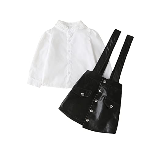Wasaigood Toddler Girls Pu Skirt Set Long Sleeve Lace Shirt Suspender Dress Baby Girl Mini Leather Skirts Outfits Set (Black,1-2 Years) #TOP30