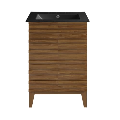 Image of Swiss Madison Cascade 24 in. Brown Oak Bathroom Vanity with Black, 3-Hole Ceramic Sink Top
