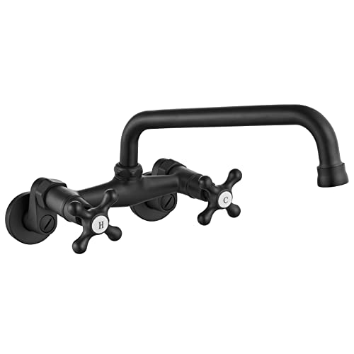 gotonovo Wall Mount Kitchen Sink Faucet Double Cross Handle Commercial Faucet 6 Inch Center Hole Distance Spread Mixer Tap 360 Rotatable Spout 8 Inch Spout Reach Matte Black