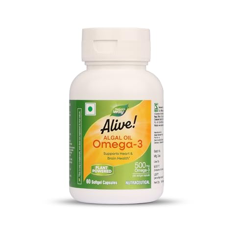 Image of Nature's Way Alive Omega 3 -500 mg|Pure Algal Oil Plant Omega for Heart & Brain Wellness -100% Veg,No Fish Burps - 200 mg DHA Supports Heart ,Joints ,Brain & Eye Health - 60 Capsules for Men & Women - Easy absorption