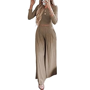 BTFBM Women’s Two Piece Lounge Set Long Sleeve Bodycon Ribbed Knit Crop Top Loose Wide Leg Pant Casual Outfits Sweatsuit(Solid Khaki, Medium)