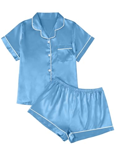 Image of LILLUSORY Silk Satin Pajama Set for Women 2 Piece Lounge Pjs Winter Matching Summer Sleepwear Button Down Shirt Shorts