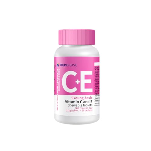 9 YOUNG-BASIC Premium Vitamin C + Vitamin E Chewable - Natural VIT C and VIT E Supplement for Dual Antioxidant Heart Circulatory and Immune System Support - 60 Orange Tablets