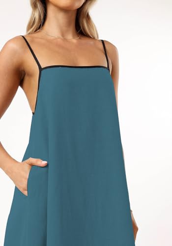 Image of Senllen Women's Linen Dress Summer Loose Flowy Sundress Contrast Spaghetti Strap Sleeveless Backless Beach Maxi Long Dresses