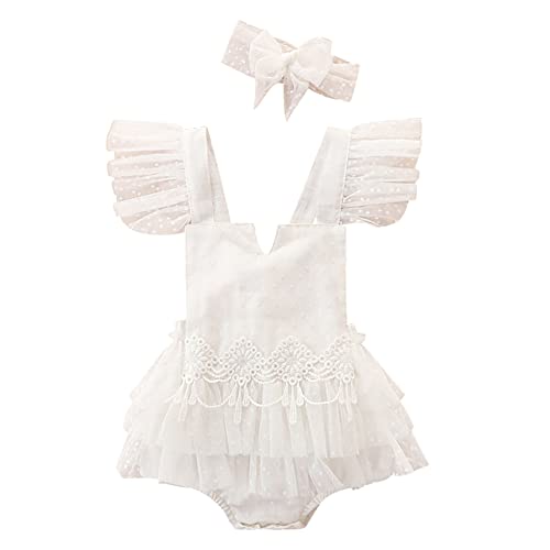 Boho Lace Ruffle Sleeve Romper Tutu for Baby Girl, Newborn Toddler Girls 1st Birthday Bodysuit Princess Tutu Dress with Flower Headband Baptism Wedding Spring Summer Clothes White dots 12-24 Months