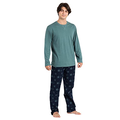 PimpamTex Schlafanzug für Herren mit langen Ärmeln und Hose, 100% Baumwolle und Flanell für Herren und Jungen, Star Fish Verde Tiffany, Large Cover