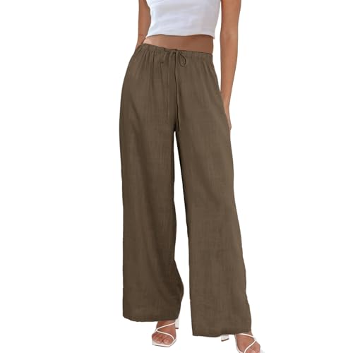 Image of Duyang Womens Cotton Linen Palazzo Pants Drawstring Elastic Waist Casual Wide Leg Trousers with Pockets