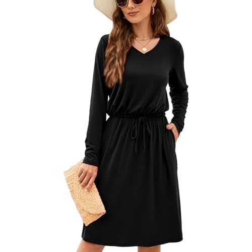 HUSKARY Women Summer Casual Midi Dresses Short Sleeve V Neck Drawstring Knee Length T Shirt Dress with Split and Pocket