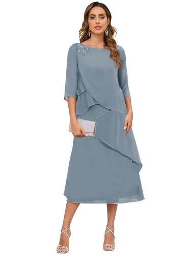 Tea Length A-line Mother of The Bride Dresses 3/4 Sleeve Fall Chiffon Mother of The Groom Dress4