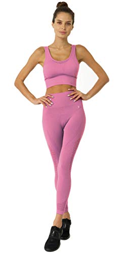 Savoy Active 2 Piece Workout Set Mesh Seamless High Waist Compression Leggings with Cutouts + Sports Bra Crop Top for Women - Pink - Large