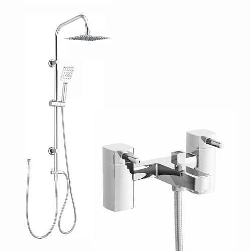 ENKI Stella BBT0012 Chrome Bath Shower Mixer Taps with Twin Rigid Riser Shower Attachment Solid Brass Easy Clean Angular Design Quarter Turn Valves Easy to Install 10-Year Guarantee