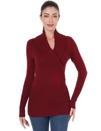 Image of AmelieBoutik Women Shawl Collar V Neck Faux Wrap Ribbed Knit Long Sleeve Tunic Sweater