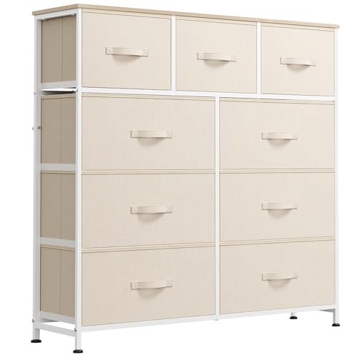 Image of WLIVE 9 Drawer Dresser, Fabric Storage Tower for Bedroom, Hallway, Closet, Tall Chest Organizer Unit for Bedroom with Fabric Bins, Steel Frame, Wood Top, Easy Pull Handle, Cream White